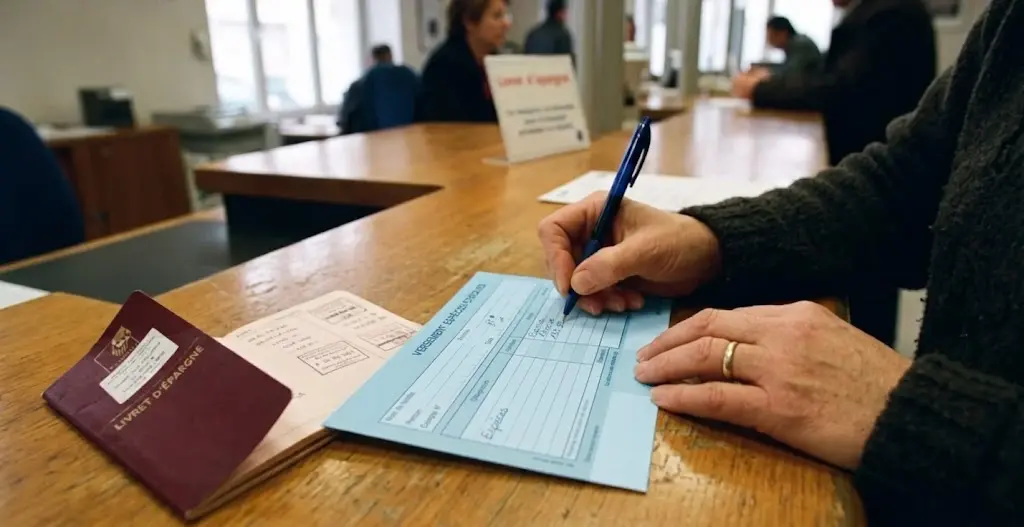 Des mains remplissent un bordereau de versement au comptoir d'une banque.