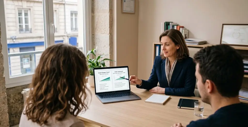 Un conseiller présente une comparaison d'épargne à un couple dans un bureau.